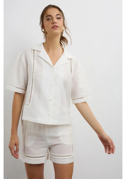 Kadın Kesik Detaylı Keten Kısa Kollu Gömlek Natural