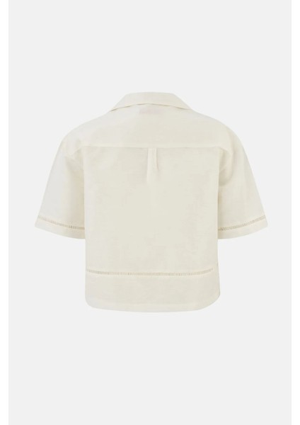 Kadın Kesik Detaylı Keten Kısa Kollu Gömlek Natural