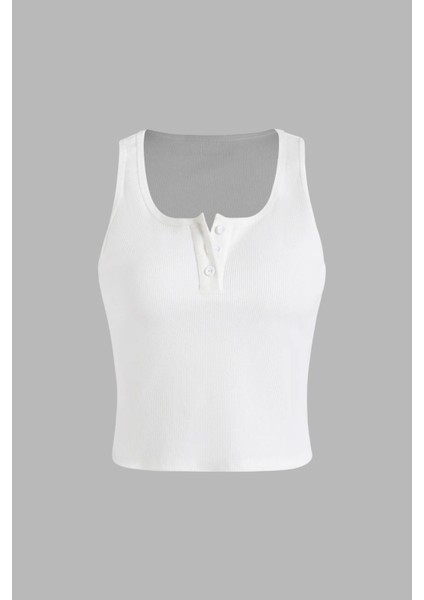 Kadın Düğme Detaylı Crop Üst White