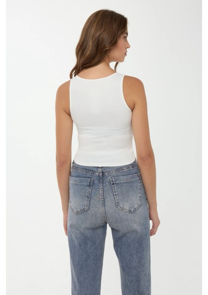 Kadın Düğme Detaylı Crop Üst White