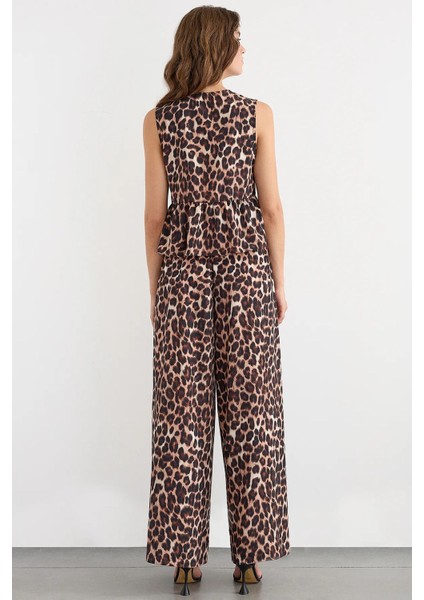 Kadın Bağcıklı Orta Bel Geniş Bacaklı Hayvan Baskılı Pantolon Brown