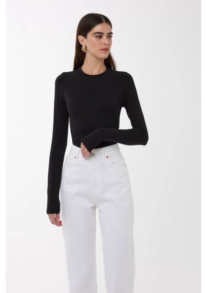 Kadın Dar Kesim Bisiklet Yaka Uzun Kollu Üst Siyah