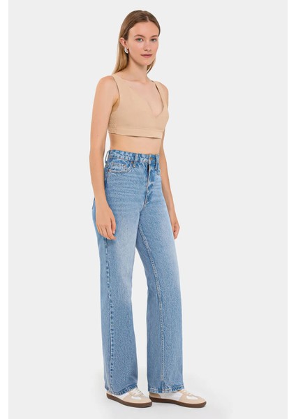 Kadın V-Yaka Kolsuz Dokuma Crop Top Natural