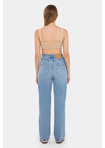 Kadın V-Yaka Kolsuz Dokuma Crop Top Natural