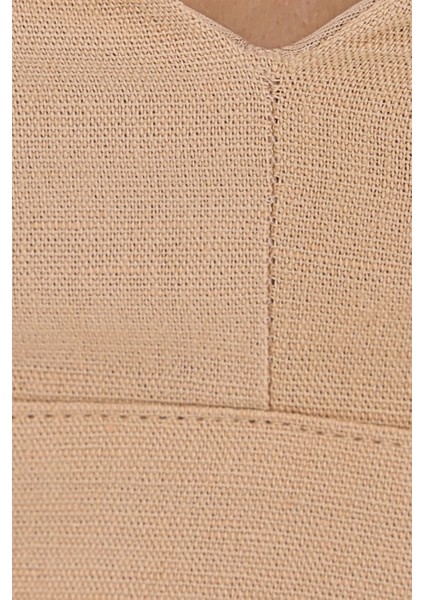 Kadın V-Yaka Kolsuz Dokuma Crop Top Natural