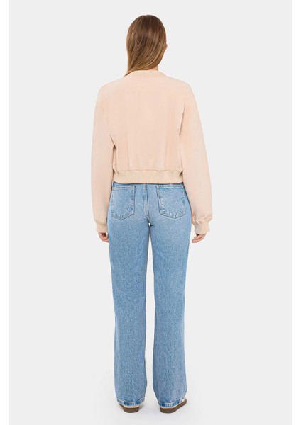 Kadın Cepli Yuvarlak Yaka Bomber Ceket Krem Doğal