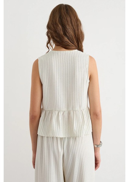 Kadın Dantel Detaylı Şeritli Kolsuz Bluz Natural