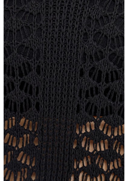 Kadın Kolsuz Örme Maxi Elbise, V-Yaka ve Püskül Paça Black