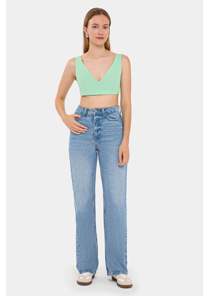 Kadın V-Yaka Kolsuz Dokuma Crop Top Green