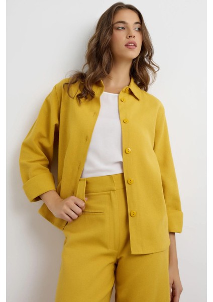 Kadın Keten Karışımlı Gömlek Kehribar Sarısı