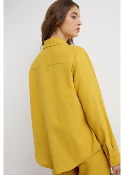 Kadın Keten Karışımlı Gömlek Kehribar Sarısı