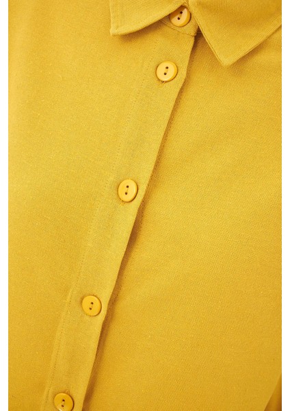 Kadın Keten Karışımlı Gömlek Kehribar Sarısı