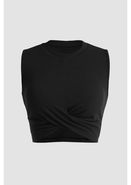 Kadın Çapraz Detaylı Örme Crop Atlet Black