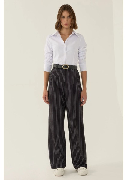 Kadın Yüksek Bel Çizgili Düz Paça Pantolon Siyah