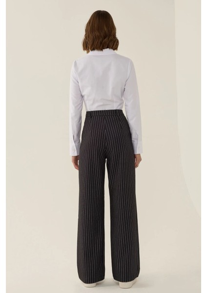 Kadın Yüksek Bel Çizgili Düz Paça Pantolon Siyah