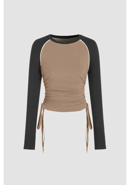 Kadın Renk Bloklu Bisiklet Yaka Üst Natural