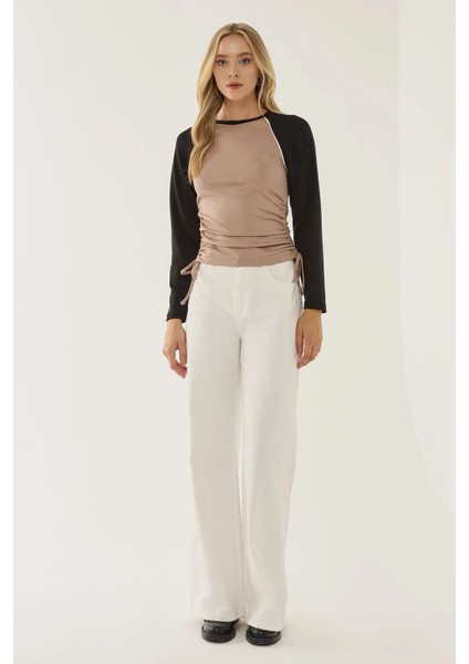 Kadın Renk Bloklu Bisiklet Yaka Üst Natural