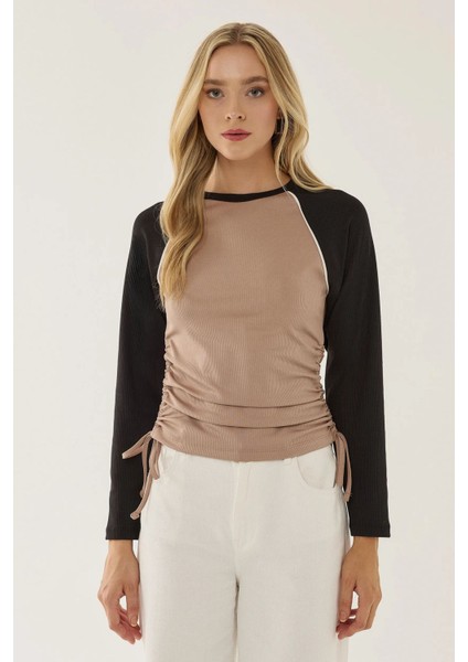 Kadın Renk Bloklu Bisiklet Yaka Üst Natural