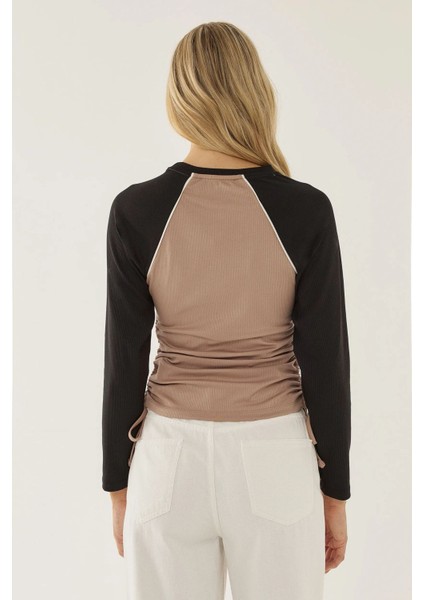 Kadın Renk Bloklu Bisiklet Yaka Üst Natural