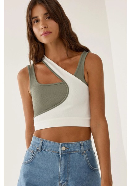 Kadın Kontrast Asimetrik Yaka Bluz Multicolor