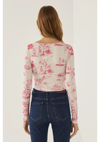 Kadın Büzgü Detaylı Desenli Üst Pink
