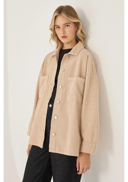 Kadın Oversized Kadife Ceket Natural