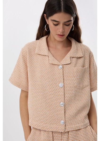 Kadın Düğmeli Kısa Kollu Keten Bluz Yellow