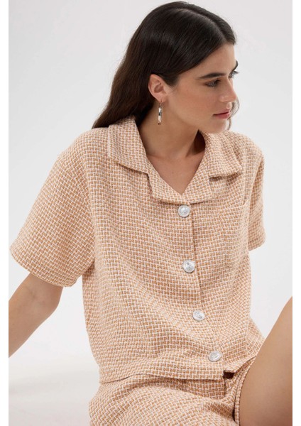 Kadın Düğmeli Kısa Kollu Keten Bluz Yellow