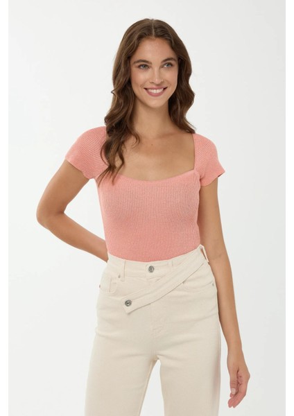 Kadın Kare Yaka Örme Üst Neon Pembe