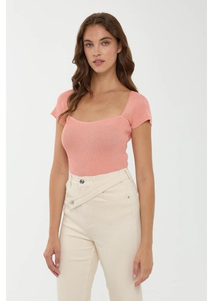 Kadın Kare Yaka Örme Üst Neon Pembe