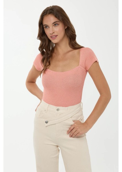 Kadın Kare Yaka Örme Üst Neon Pembe