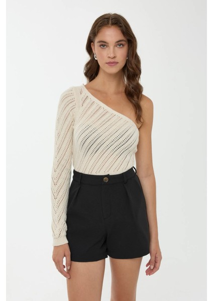 Kadın Tek Kollu Triko Üst White