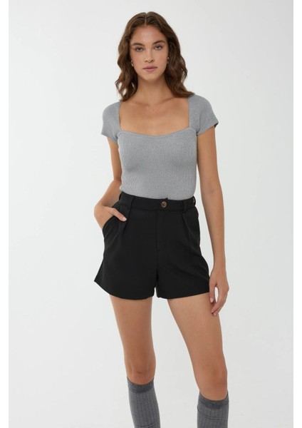 Kadın Kare Yaka Örme Üst Grey