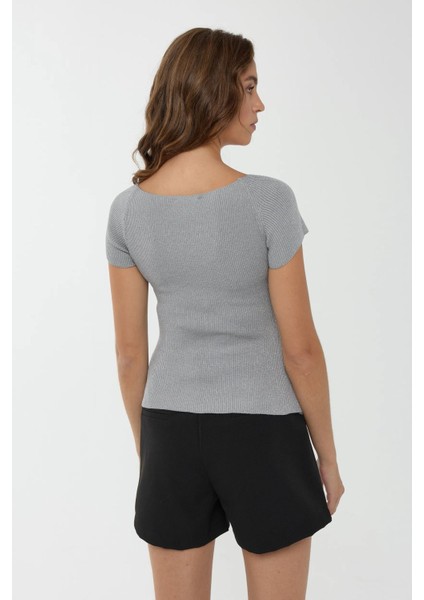 Kadın Kare Yaka Örme Üst Grey