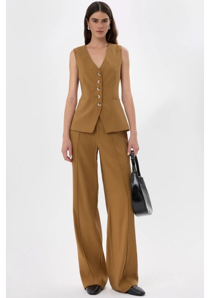 Kadın Düğmeli Düz Yelek Brown