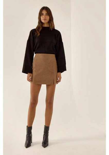 Kadın Yüksek Bel Mini Etek Brown