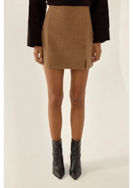 Kadın Yüksek Bel Mini Etek Brown
