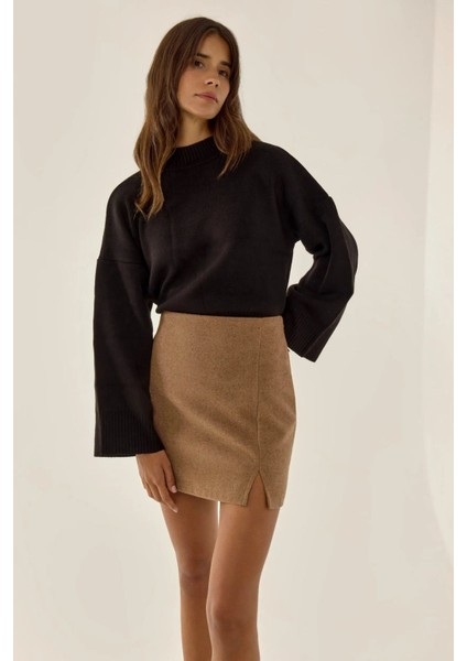 Kadın Yüksek Bel Mini Etek Brown