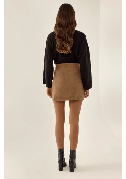Kadın Yüksek Bel Mini Etek Brown