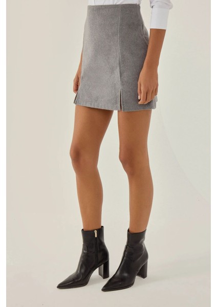 Kadın Yüksek Bel Yırtmaç Detaylı Mini Etek Grey