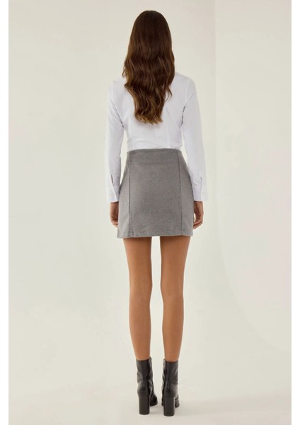 Kadın Yüksek Bel Yırtmaç Detaylı Mini Etek Grey