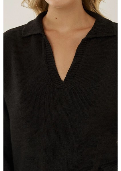 Kadın Polo Yaka Triko Kazak Black