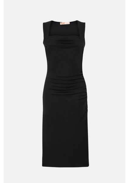 Kadın Burmalı Orta Boy Elbise Siyah