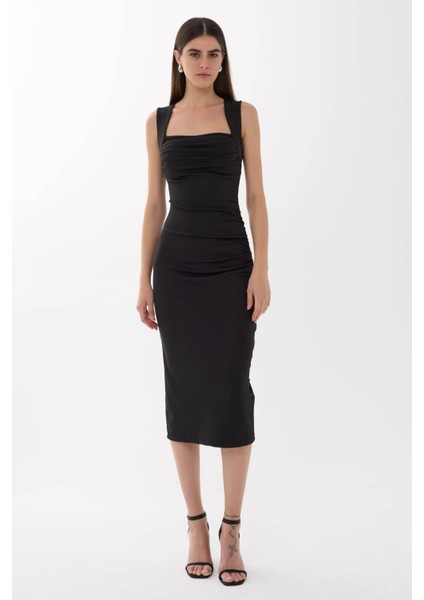 Kadın Burmalı Orta Boy Elbise Siyah