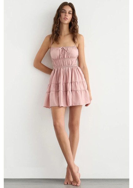 Kadın Bağlamalı Detaylı Pamuk Mini Elbise Pink