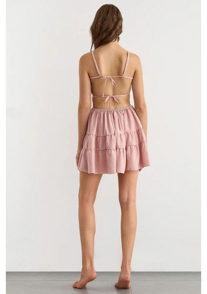 Kadın Bağlamalı Detaylı Pamuk Mini Elbise Pink