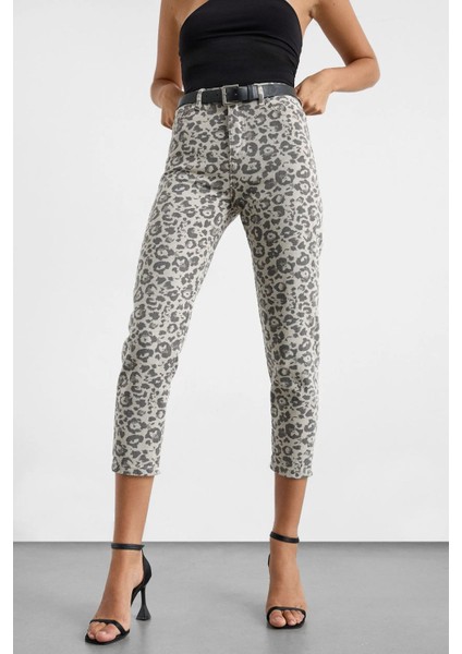 Kadın Hayvan Baskılı Slim Fit Kot Pantolon Gri