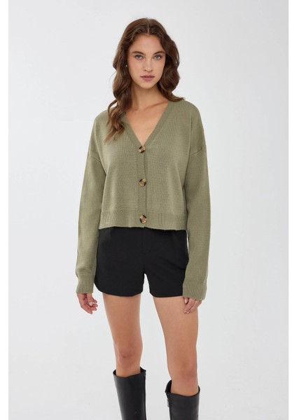 Kadın Rahat Fit V-Yaka Örgü Hırka Green