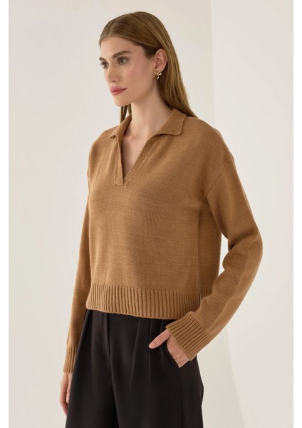 Kadın Polo Yaka Triko Kazak Brown