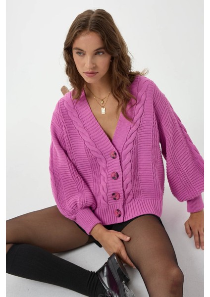 Kadın V Yaka Düğmeli Hırka Pink